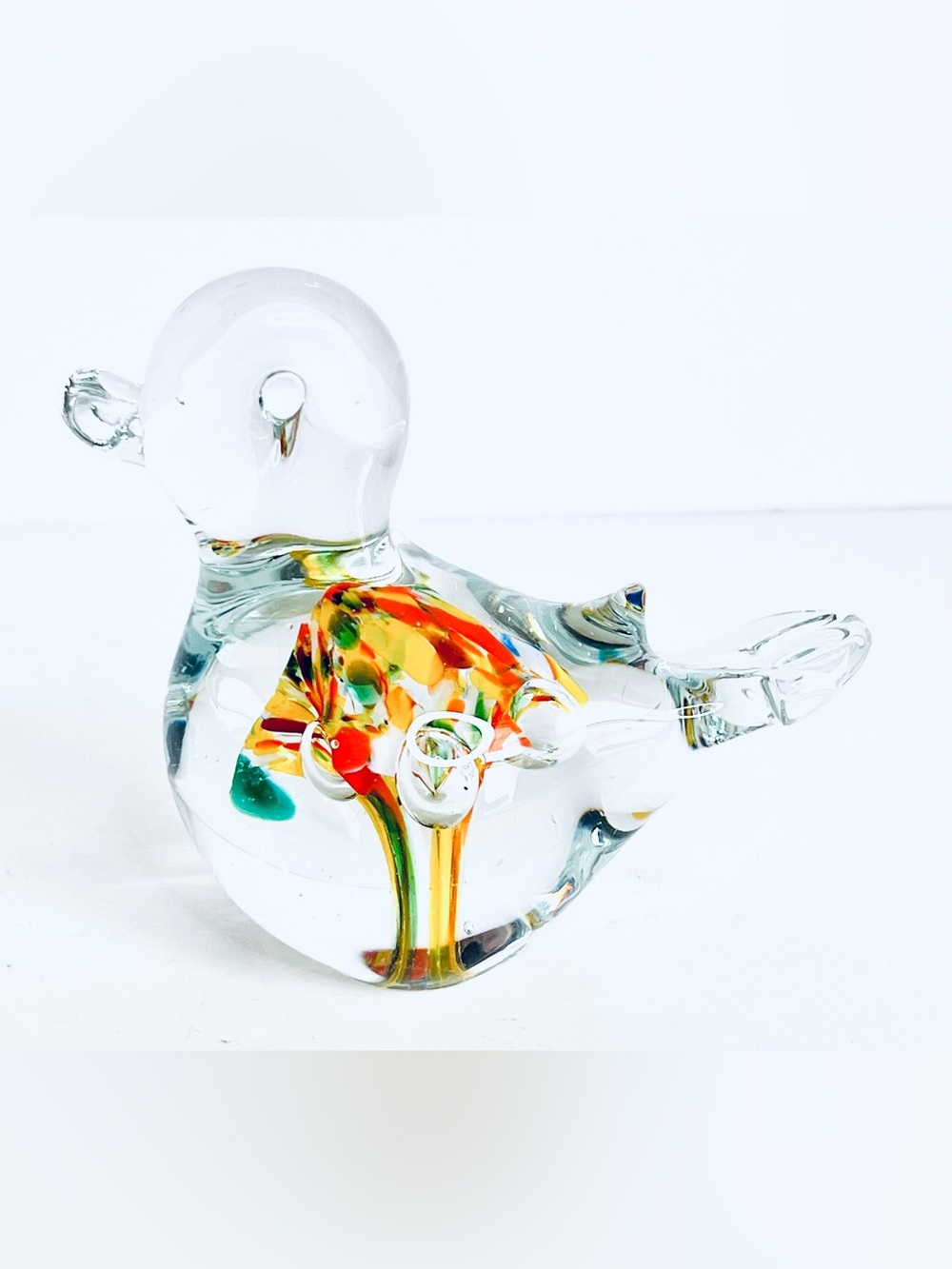 Vintage Hand Blown Art Glass Duck Bird Paperweight Clear Multicolor Confetti 3"